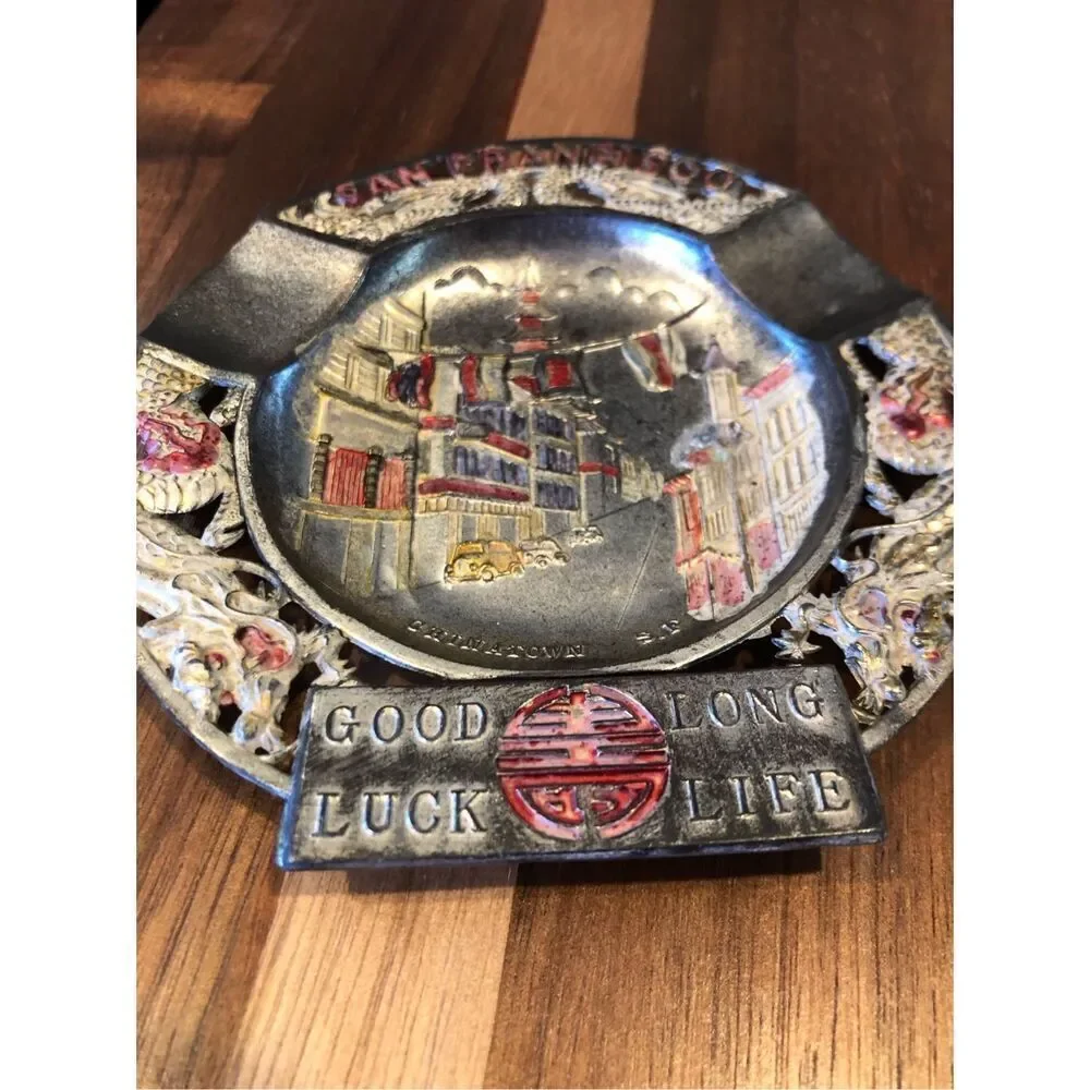 Vintage San Francisco Tin Plate Embossed Ashtray Catch All Americana Kitsch Deco